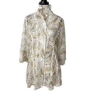 Damee Leaf Embroider Flare Jacket Sheer Lace Button-Up White Beige Size L NEW